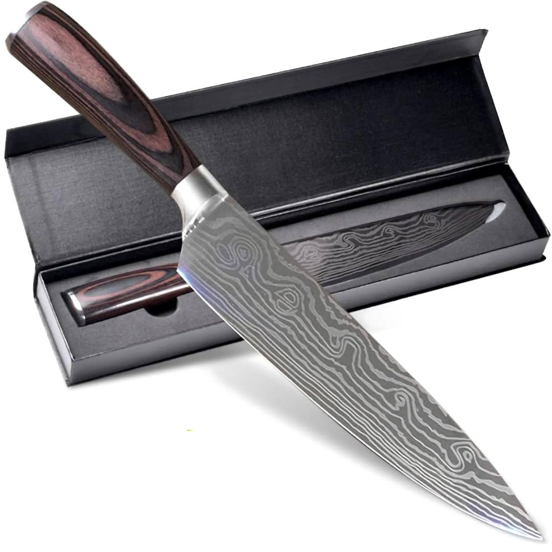 Cuchillo de Chef Profesional Japonés con Acabado en Damasco – Edición Premium